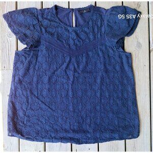 Lane Bryant Womens Navy Blue Lace Overlay Top Size 18/20 100% Cotton Knit Keyhol